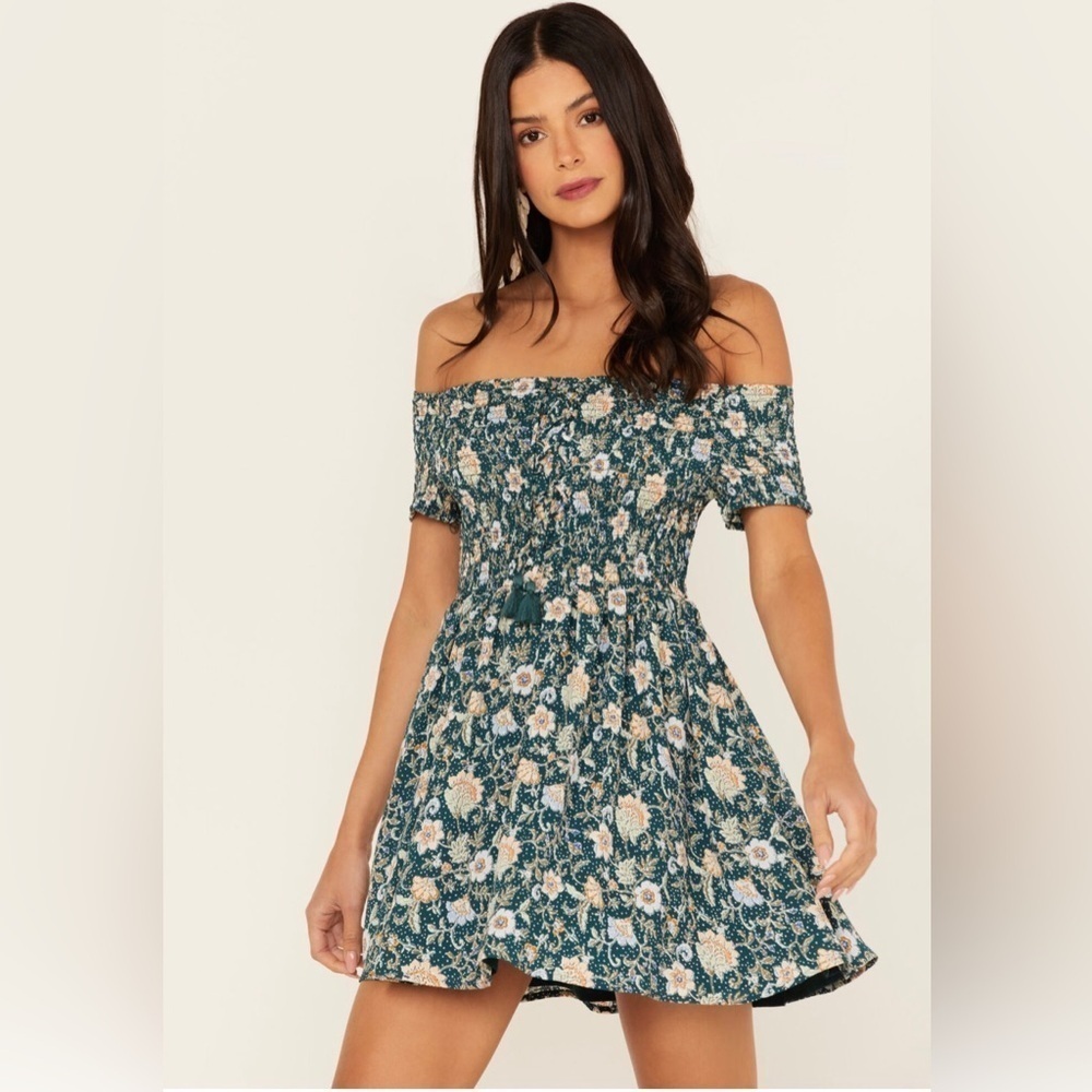 Shyanne Teal Floral Off-Shoulder Mini Dress